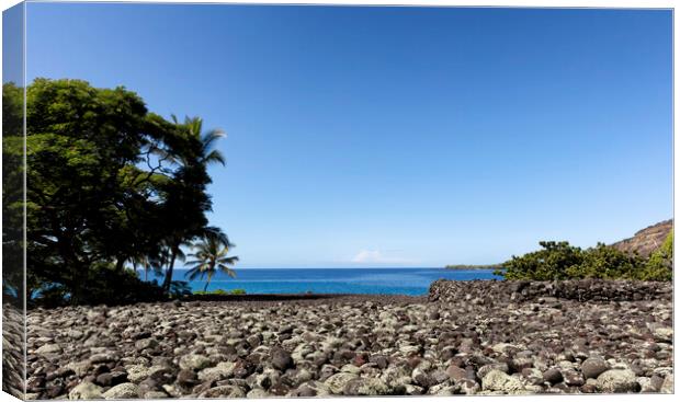 Front view of a rock beach in Hawaii with ocean and sky in backg Canvas Print by Thomas Baker