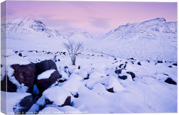 The Torridon hills, in winter Canvas Print by Justin Foulkes