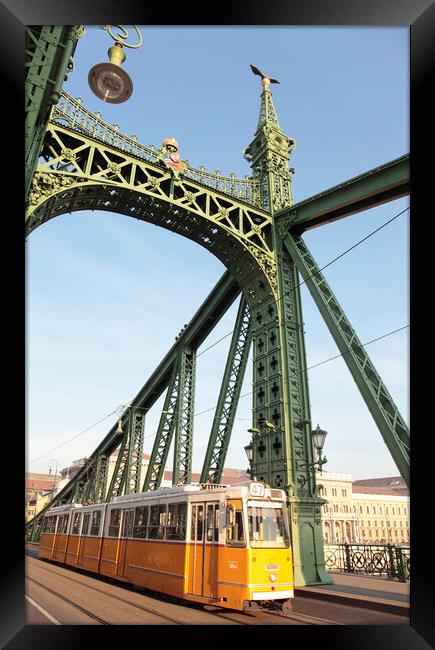 City Tram on Liberty Bridge or Freedom Bridge, Budapest, Hungary Framed Print by Neil Overy