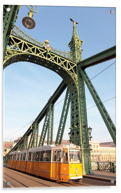 City Tram on Liberty Bridge or Freedom Bridge, Budapest, Hungary Acrylic by Neil Overy