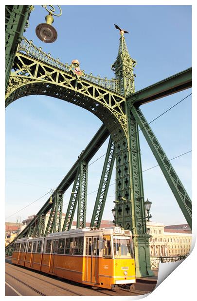 City Tram on Liberty Bridge or Freedom Bridge, Budapest, Hungary Print by Neil Overy