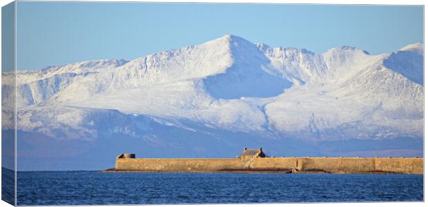 Saltcoats harbour and Isle of Arran mountains Canvas Print by Allan Durward Photography