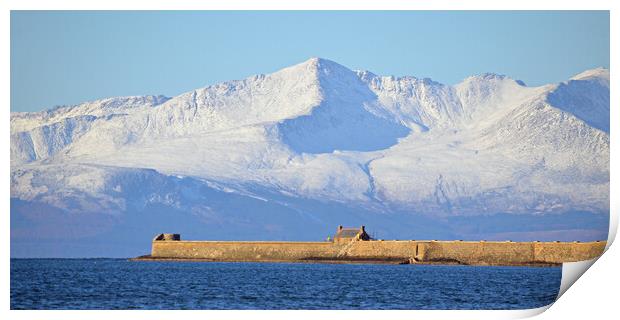 Saltcoats harbour and Isle of Arran mountains Print by Allan Durward Photography