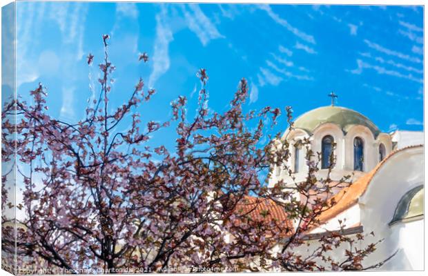 Digital watercolour low angle view of cherry blossom tree with pink & red flowers on branches before Christian church. Canvas Print by Theocharis Charitonidis