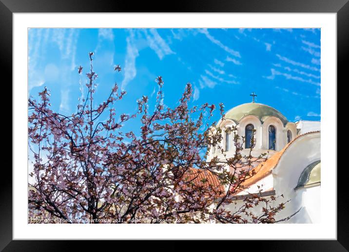 Digital watercolour low angle view of cherry blossom tree with pink & red flowers on branches before Christian church. Framed Mounted Print by Theocharis Charitonidis