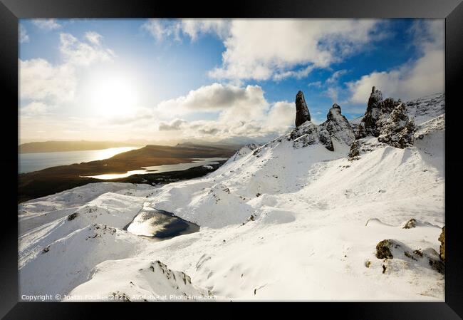 The Old Man of Storr, in winter, Skye, Scotland Framed Print by Justin Foulkes