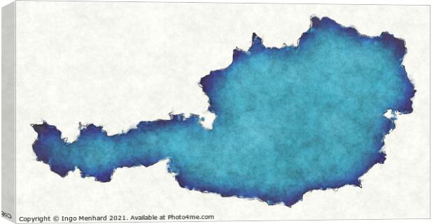 Austria map with drawn lines and blue watercolor illustration Canvas Print by Ingo Menhard