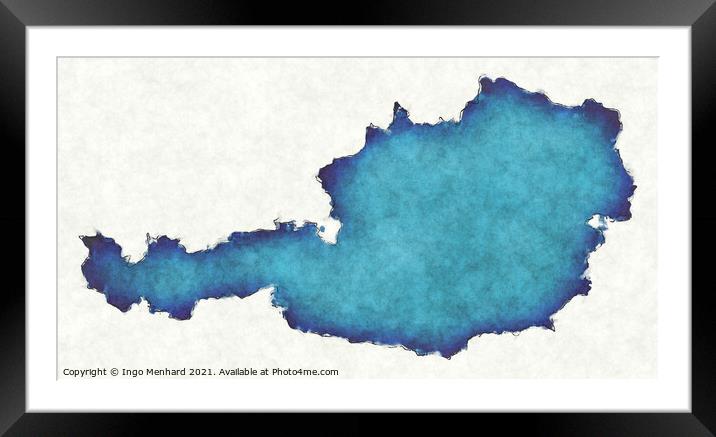 Austria map with drawn lines and blue watercolor illustration Framed Mounted Print by Ingo Menhard