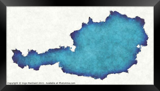 Austria map with drawn lines and blue watercolor illustration Framed Print by Ingo Menhard