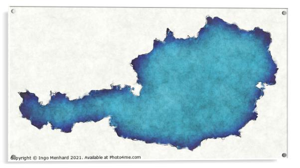 Austria map with drawn lines and blue watercolor illustration Acrylic by Ingo Menhard