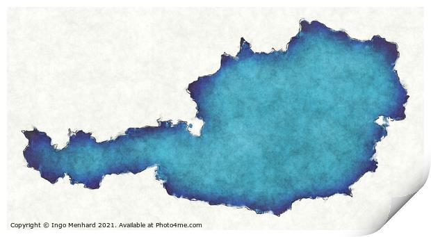 Austria map with drawn lines and blue watercolor illustration Print by Ingo Menhard