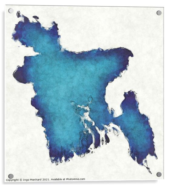 Bangladesh map with drawn lines and blue watercolor illustration Acrylic by Ingo Menhard