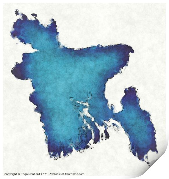 Bangladesh map with drawn lines and blue watercolor illustration Print by Ingo Menhard