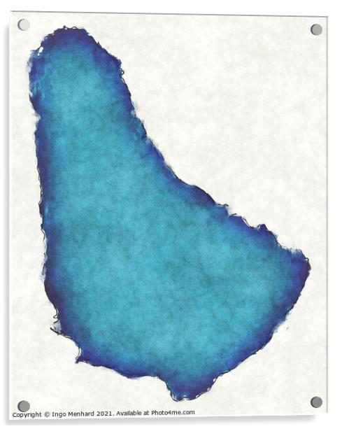 Barbados map with drawn lines and blue watercolor illustration Acrylic by Ingo Menhard