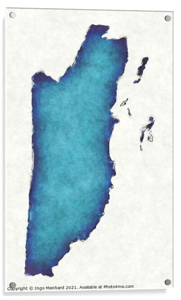 Belize map with drawn lines and blue watercolor illustration Acrylic by Ingo Menhard