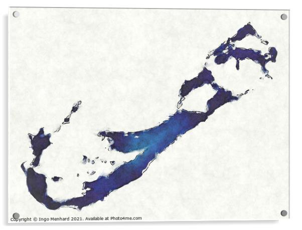 Bermuda map with drawn lines and blue watercolor illustration Acrylic by Ingo Menhard