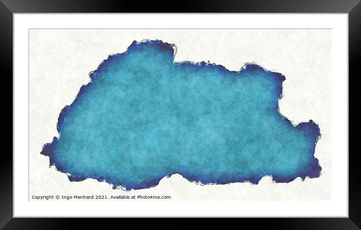 Bhutan map with drawn lines and blue watercolor illustration Framed Mounted Print by Ingo Menhard