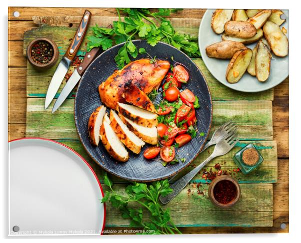Grilled chicken,chicken breast on rustic wooden table Acrylic by Mykola Lunov Mykola
