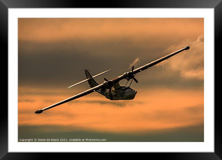 Catalina Flying Boat At Sunset Framed Mounted Print by Steve de Roeck