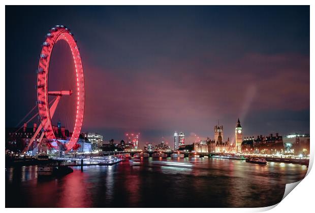London Eye and Big Ben at Night Print by Mark Jones