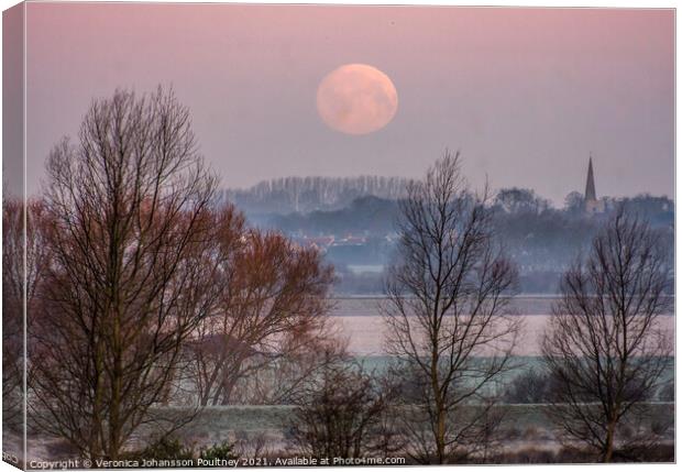 Fullmoon setting over Stretham in the Fens Canvas Print by Veronica in the Fens