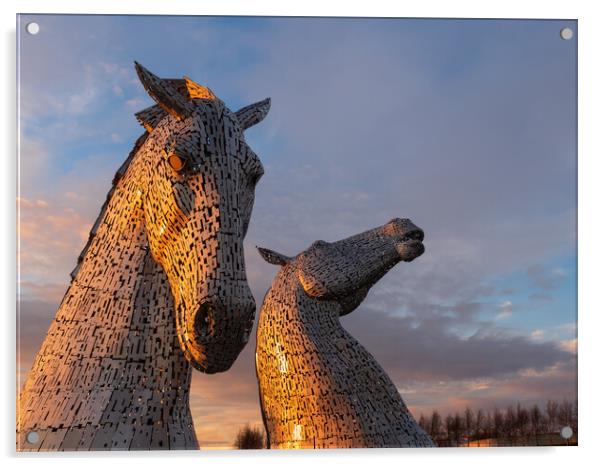 The Kelpies at sunset. Acrylic by Tommy Dickson