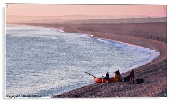 Fishing trip on chesil beach Acrylic by Stuart Robinson