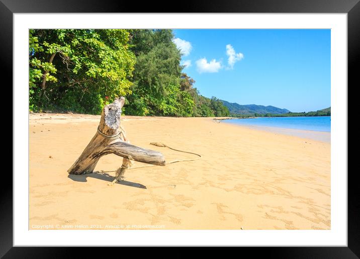 Driftwood and rope on the beach  Framed Mounted Print by Kevin Hellon