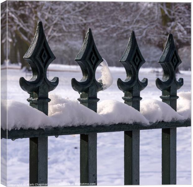 Snow capped metal fence railing Canvas Print by Photimageon UK
