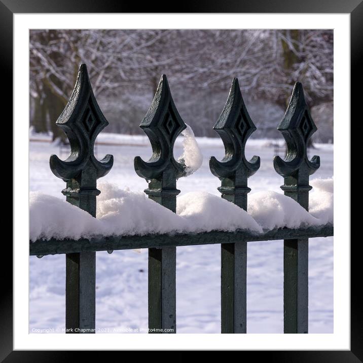 Snow capped metal fence railing Framed Mounted Print by Photimageon UK