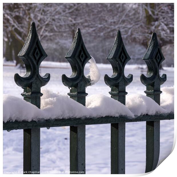 Snow capped metal fence railing Print by Photimageon UK