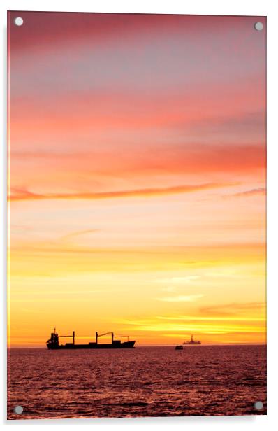 Sunset over ships waiting to enter Cape Town Harbour Acrylic by Neil Overy
