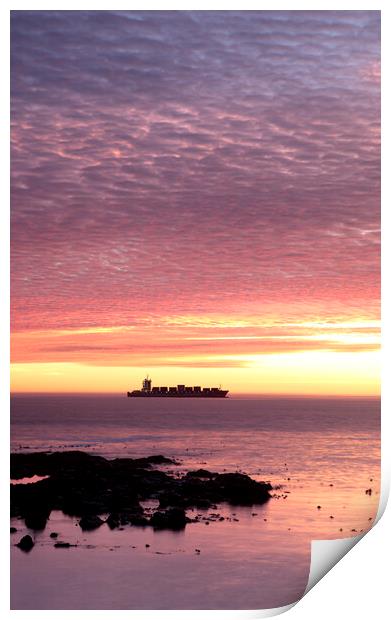 Sunset over ship waiting to enter Cape Town Harbour Print by Neil Overy