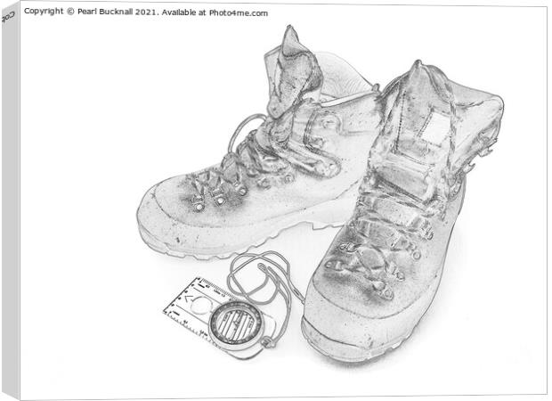 Walking Boots and Compass in Monochrome Sketch Canvas Print by Pearl Bucknall
