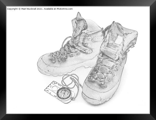 Walking Boots and Compass in Monochrome Sketch Framed Print by Pearl Bucknall