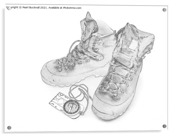 Walking Boots and Compass in Monochrome Sketch Acrylic by Pearl Bucknall