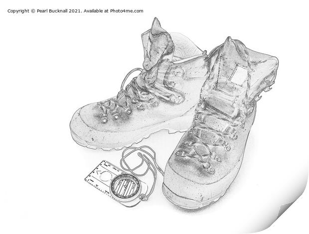Walking Boots and Compass in Monochrome Sketch Print by Pearl Bucknall