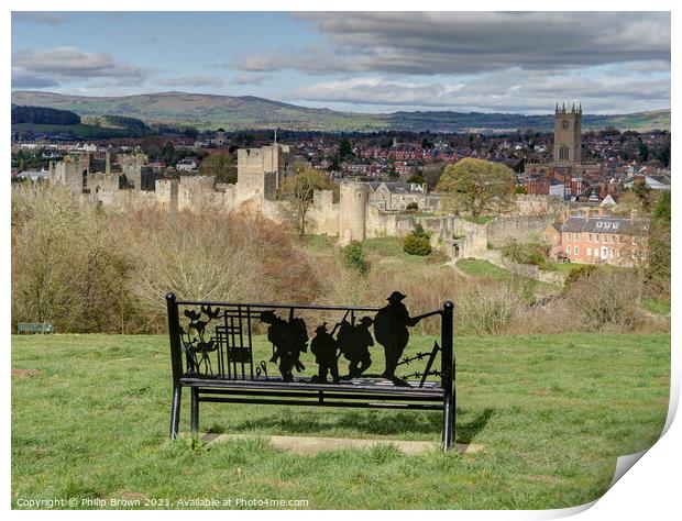 Overlooking The lovely town of Ludlow in Shropshire through a World war 1 monument bench - Landscape Print by Philip Brown