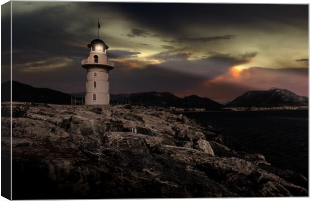 Lighthouse on a mediterranean coast at night. Canvas Print by Sergey Fedoskin