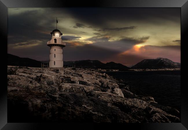 Lighthouse on a mediterranean coast at night. Framed Print by Sergey Fedoskin