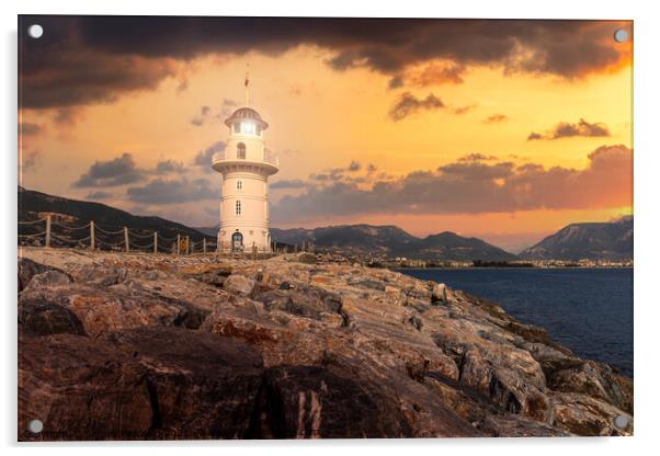 Lighthouse on a mediterranean coast of Alanya. Turkey. Acrylic by Sergey Fedoskin