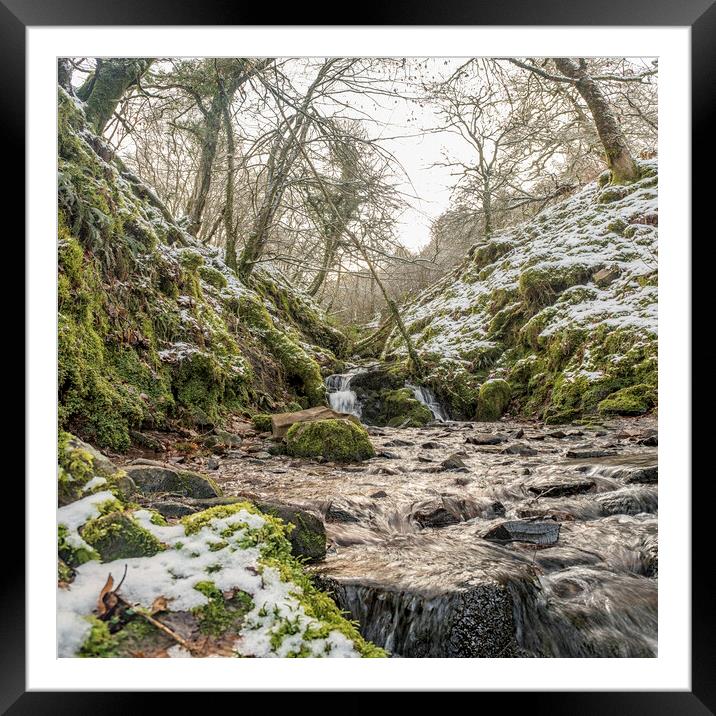 A stream tumbles down Aller Combe - part of the Snowy landscape around Dunkery Hill, Exmoor National Park Framed Mounted Print by Shaun Davey