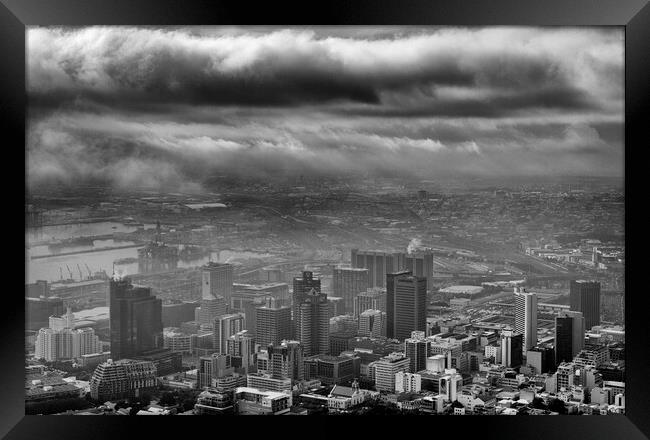A storm hangs over Cape Town shot in black and white Framed Print by Neil Overy