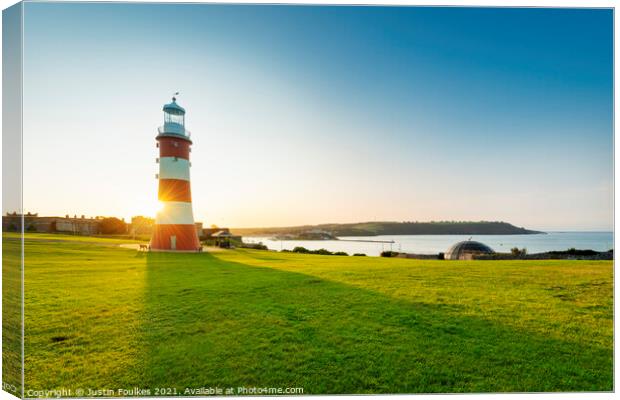 Smeaton's Tower, at sunrise, Plymouth Hoe Canvas Print by Justin Foulkes