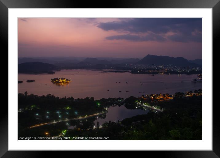 Twilight view of Lake Pichola and Udaipur in India Framed Mounted Print by Christina Hemsley