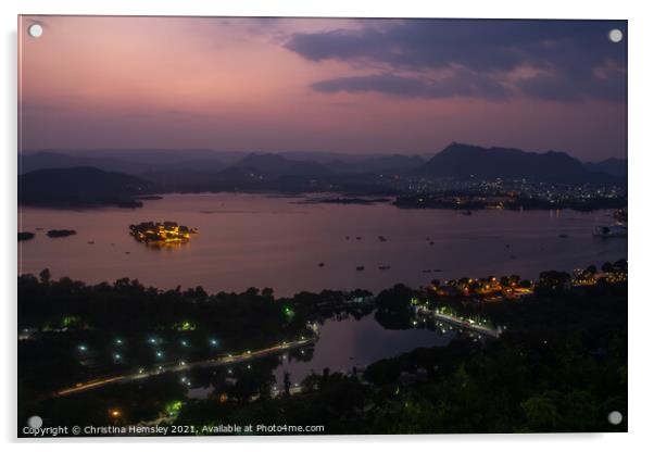 Twilight view of Lake Pichola and Udaipur in India Acrylic by Christina Hemsley