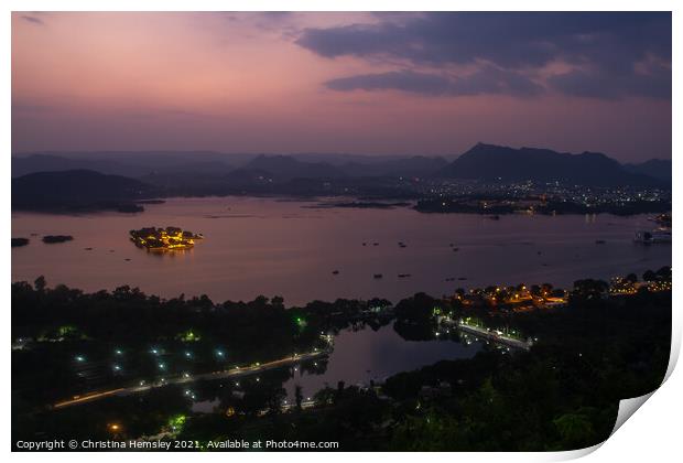 Twilight view of Lake Pichola and Udaipur in India Print by Christina Hemsley