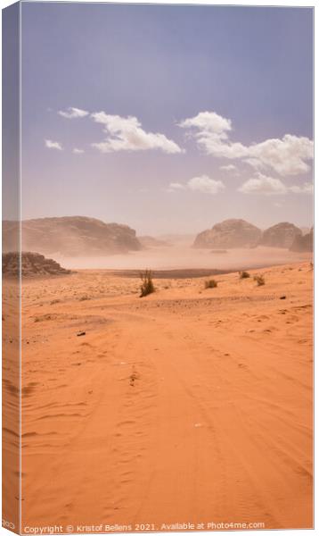 Vertical desert off road track leading into the mountains of Wadi Rum. Canvas Print by Kristof Bellens