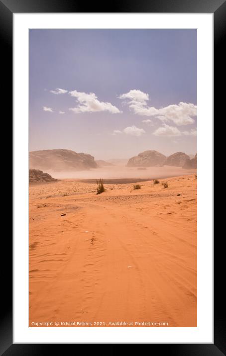 Vertical desert off road track leading into the mountains of Wadi Rum. Framed Mounted Print by Kristof Bellens