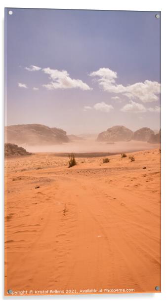 Vertical desert off road track leading into the mountains of Wadi Rum. Acrylic by Kristof Bellens